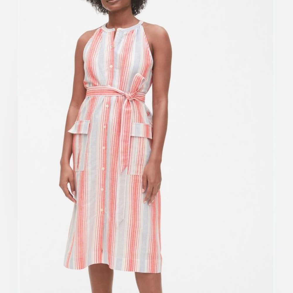 GAP Halter-Neck Striped Belted Shirtdress in Linen-Cotton Size Large Tall